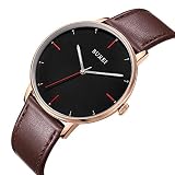 BUREI Herrenuhr Klassische Schlanke Minimalistische Quarzuhren mit großem Zifferblatt Datum Mineral Crystal Rose Gold Gehäuse mit Braunem Lederarmband