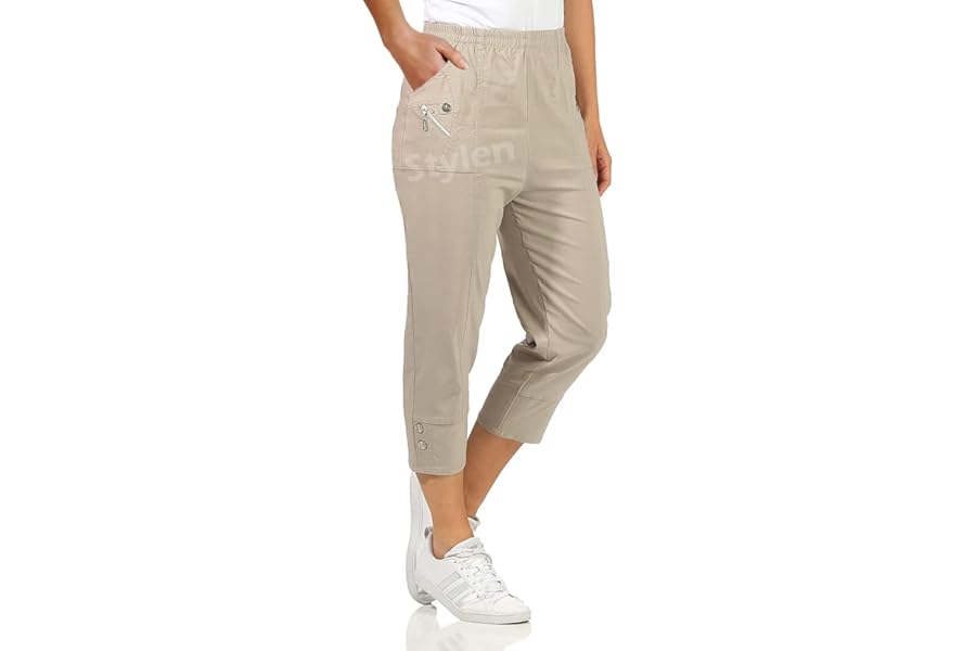URBAN STITCH Womens Capri Trousers Ladies Three Quarter Soft 3/4 Cropped Pants UK Ladies Stretch Pull on Trousers Elasticated Waist Plus Size Summer Shorts