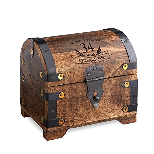 Geld-Schatztruhe zum Geburtstag mit Gravur - Dunkel – Personalisiert mit Namen und Alter - Schmuckkästchen - Spardose - Aufbewahrungsbox aus Holz - Geburtstagsgeschenk-Idee - 14 cm x 11 cm x 13 cm