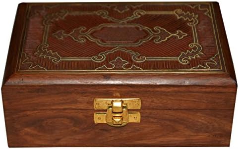 Handmade Jewellery Box Wood Carving with Abstract Brass Inlay Design from India