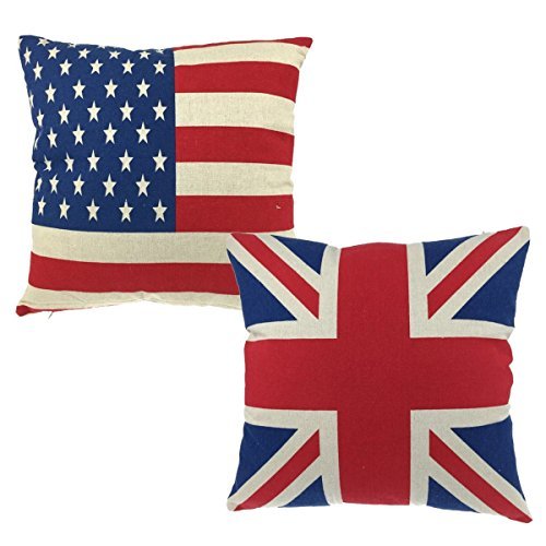 Luxbon Pair of Union Jack Flag and USA American Flag Stars & Stripes Cushion Cover Durable Cotton Li