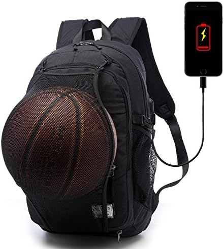 Loiee Business Water Resistant Basketball Backpack With USB Charging Port Fits For Under 17 Inches Notebook&Tablet,Multi-functional Travel Bag With Basketball Net Backpack For Women/Men, Black
