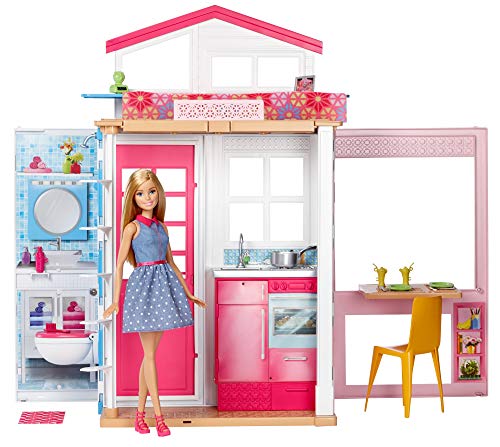 Barbie Mobilier coffret maison 2 étages et 4 pièces avec accessoires et une poupée inclus, jouet pour enfant, DVV48