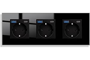 JIMEIDA Steckdose Glas mit USB 20W Schnelles Laden in Schwarz Unterputz,3 Fach 16Amp Steckdosen mit USB A und Type C max.3.1A,228 * 86mm