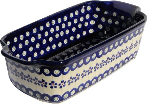 Polish Pottery Loaf Baker with Handles From Zaklady Ceramiczne Boleslawiec #1381-166a Floral Peacock, Deep: 2.75" Width: 5" Length: 9"