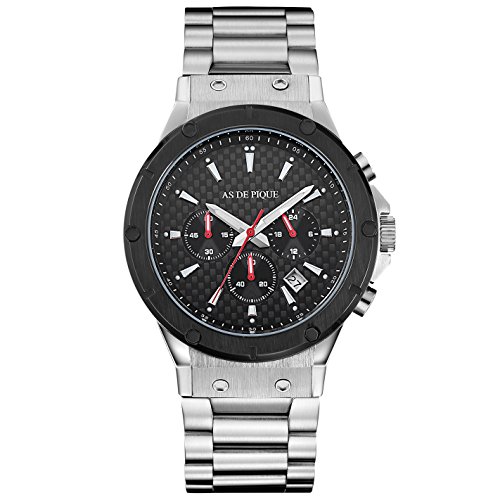 AS DE PIQUE Master Quarzuhr Chronograph Datum Stoppuhr 100 Meter wasserdicht Carbon Ziffernblatt silber schwarz rot