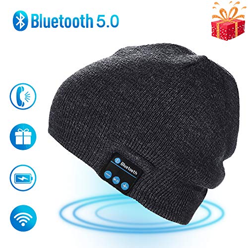 Puersit Bluetooth 5.0 Beanie Hat Unisex Wireless Musical Knitted Cap Headphone with Mic & Built-in Stereo Speakers (Grey)