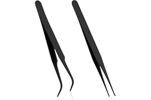 MOZEAT LENS Stainless Steel Tweezers Crafting Kit - 2 Piece Straight and Curved Tip Tools for DIY Projects, Jewelry Making, Cardmaking, Scrapbooking - Black