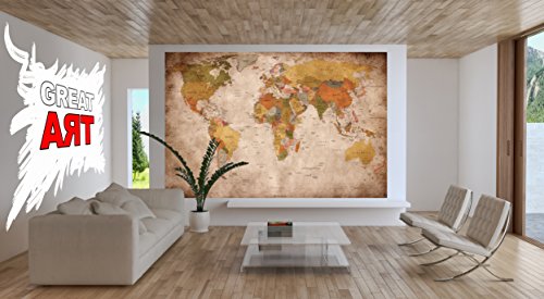 Fototapete used look Wandbild Dekoration Globus Kontinente Atlas Weltkarte retro old school vintage map Weltkugel Geografie I Foto-Tapete Wandtapete Fotoposter Wanddeko by GREAT ART (336 x 238 cm) - 2