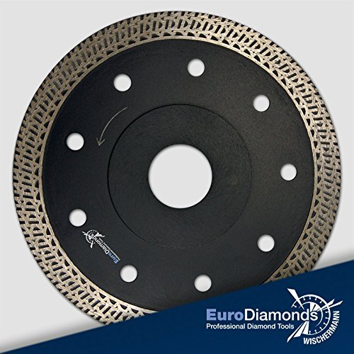 Profi Diamant Trennscheibe Granit SUPERCUT, Fliesenscheibe, Fliesentrennscheibe, extra dünn, 125 mm für Handmaschinen, zum trennen und schneiden von Naturstein, Feinsteinzeug, Fliesen, Keramik, Dachziegel extrem leichtläufig durch extra dünne Ausführung, verhindert Ausbrechen der Materialien, mit Kühlbohrungen, sehr schnittfreudig