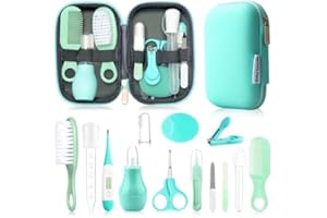 QUNLIONS LIFE Baby Gesundheitswesen und Pflegeset, Säuglingssicherheitspflege Set mit Haarbürste, Kamm, Nagelknipser, Baby Essentials Kit für Neugeborene Mädchen Jungen (Grün 14 in 1)