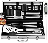21Pcs en Acier Inoxydable Robuste Outil de Barbecue - Accessoires de Barbecue en Plein air avec Boîtier en Aluminium - Kit de pour Les Hommes Papa Lors de l'anniversaire