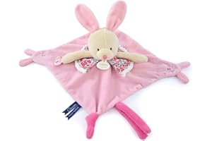 DOUDOU ET COMPAGNIE - Les Petits Futés - Doudou Plat Marionnette À Doigt Lapin Rose - 30 cm - Multitextures Et Éveil Sensoriel - Pour Expression Émotionnelle - Garantie Doudou Perdu - DC4054