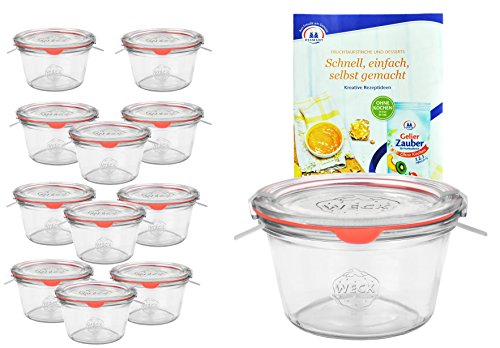 12er Set Weck Gläser 370ml 1/4 Liter Sturzgläser mit 12 Glasdeckeln, 12 Einkochringen und 24 Klammern inkl. Gelierzauber Rezeptheft von Diamantzucker
