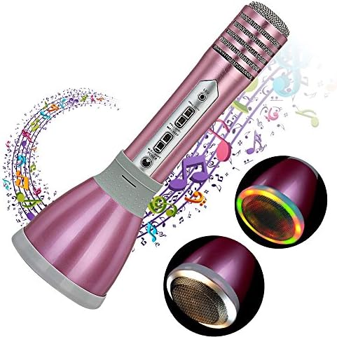 Karaoke Microphone, Bluetooth Speaker Player Cordless Microphone Handheld Karaoke Mic with LED For Music Singing Voice Recording Home KTV Compatible with Apple iPhone Android Smartphones Pink