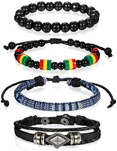 FlongoMen's Women Unisex Vintage Handmade Braided Leather Bead Surf Cuff Bracelet Set