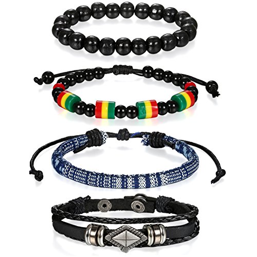 FlongoMen's Women Unisex Vintage Handmade Braided Leather Bead Surf Cuff Bracelet Set