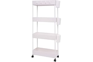 JAKAGO Carrello Portaoggetti a 4 Livelli,Carrello Portaoggetti su Ruote Scaffale da Cucina con Tazza Appesa Carrellino Salvaspazio per Cucina Bagno Ufficio Biblioteca Salone-Bianco