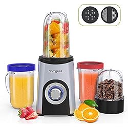 Blender Smoothie, Homgeek Mini Blender, Mixeur Multifonction avec 4 Bouteilles, 350W, 2 Vitesses, Appareil à Smoothie avec 2 types de lame, sans BPA, 13 pièces sets