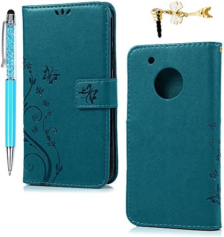 Moto G5 Plus Wallet Case, Leather Wallet Case Flip Cover with Magnetic Closure, Strap &amp; Card Slots Embossed Butterfly Flower Shockproof for Moto G5 Plus - Blue