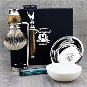 Haryali London 6Pc Mens Shaving Kit 3 Edge Razor, Silver Tip Badger Hair Brush, Bowl, Stand, Soap and Alum Perfect Set…
