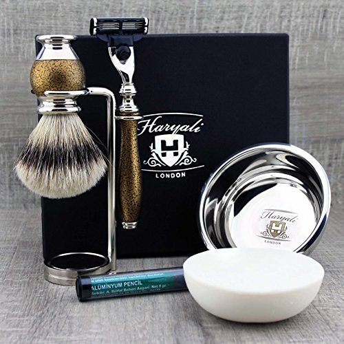 Haryali London 6Pc Mens Shaving Kit 3 Edge Razor, Silver Tip Badger Hair Brush, Bowl, Stand, Soap and Alum Perfect Set…