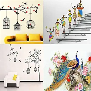 Walltech Combo of 4 Wall Sticker Love Birds with Hearts-(125 x 85 cms) | Tribal Lady-(180 x 60 cms) | Free Bird case Black-(150 x 115 cms) | Royal Peacock-(50 x 60 cms) - Material Vinyl