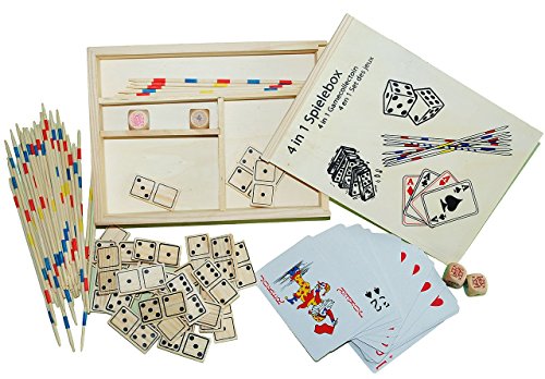 4 - Spiele Spielesammlung Holz DOMINO MIKADO KARTEN Spielkarten Poker Würfel Holzwürfel SCHACH BACKGAMMEN Spiel Sammlung incl. Spieleanleitung und Holzbox Spielebox Reisebox Reisespielesammlung für unterwegs Kinder Erwachsene
