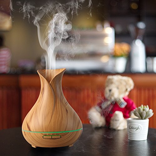 COOSA Hölzernes Getreide, 400ml Aroma wesentlicher Diffuser, kühler Ultraschall Nebel, Luftbefeuchter mit buntem hellem justierbarem Nebel, wasserloses Auto-Abschaltung für Hauptyoga Büro Badekurort (Hell) - 2