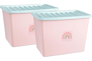 Muddy Hands 2 x 80 Litre Large Plastic Storage Boxes with Lids – Pink Stackable Containers with Rainbow Design, Durable & Lightweight for Toys, Clothes, Nursery & Home Organisation