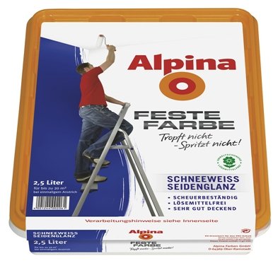 Alpina 2,5 L. Feste Farbe, Schneeweiss seidenglanz, sehr gut deckend
