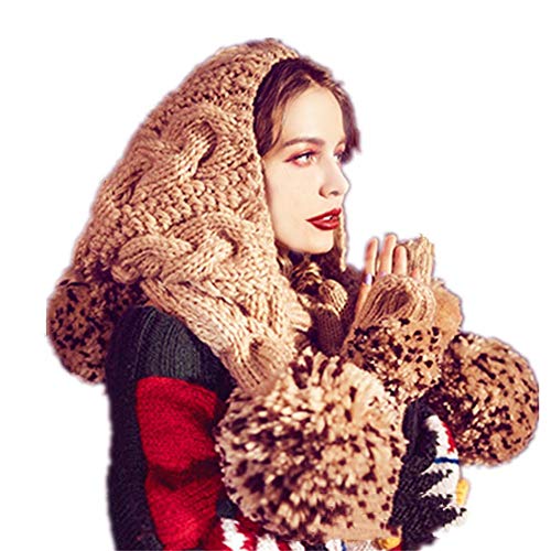 Preisvergleich Produktbild Handgefertigte gestrickte Kapuze Schal + Handschuhe, super große super warm Ball Strickmütze warme Mütze Winter Hut Ski Handschuhe Beanie Handschuhe Weihnachten Geburtstag Geschenke für Frauen Hüte