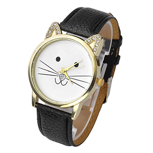 JSDDE Uhren,Reizend Cute Strass Katze-Gesichtsform Zifferblatt Armbanduhr Maedchen Damen Lederarmband Analog Quarzuhr(Schwarz) JSDDE Uhren,Reizend Cute Strass Katze-Gesichtsform Zifferblatt Armbanduhr Maedchen Damen Lederarmband Analog Quarzuhr(Schwarz)