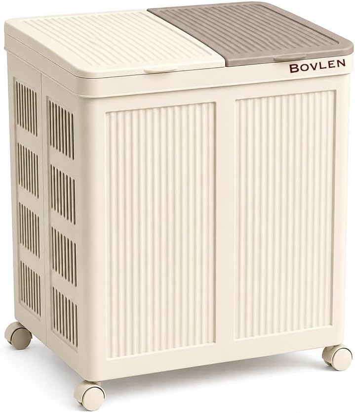 Mega Boy Havalandırmalı Çamaşır Sepeti - 100 Litre Oyuncak Kutusu - Tekerlekli - Çift Bölmeli 2x50 LT - 49.5x36x61 cm - PP+ TPR (Bej)