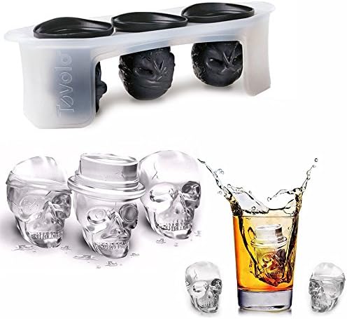 Cisixin 3D Flexible Skull Ice Cube Mold Tray Silicone Ice Cube Maker For Whiskey Or Cocktails Set of 3 Different Detailed Skull Molds (Black)