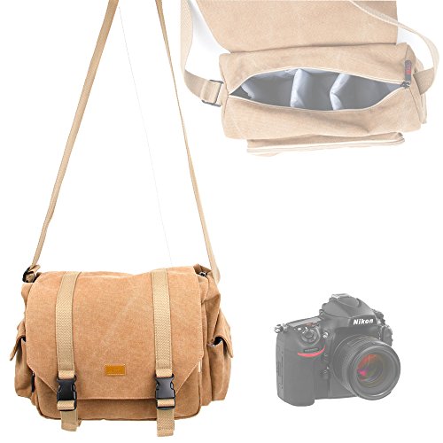 Duragadget Sacoche en Toile Vintage pour mod  les Nikon Coolpix D5100  D600  D800  P7000  P500   P300 SLR Reflex avec Compartiments Ajustables - Couleur Sable