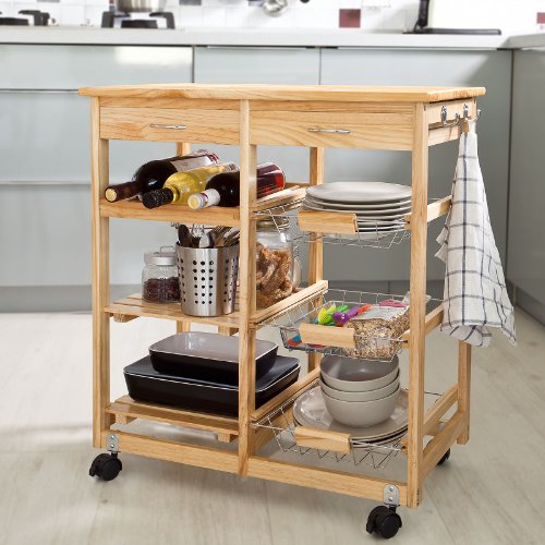 SoBuy Lengthen Size Solid Wood Kitchen Trolley Cart with Shelves & Drawer, FKW04-N