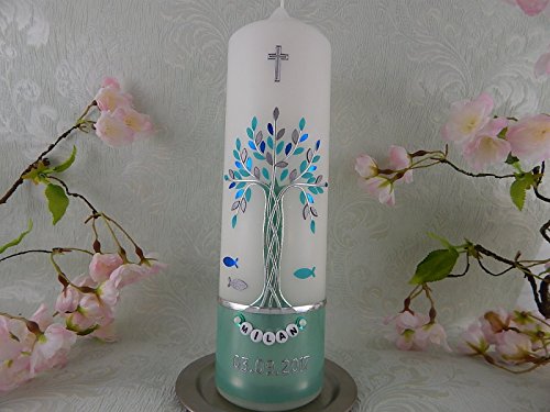 Taufkerze Lebensbaum mit Fische mint silber modern Taufkerzen Mädchen Junge mit Namenskette 250/70 mm inklusive Beschriftung - 2