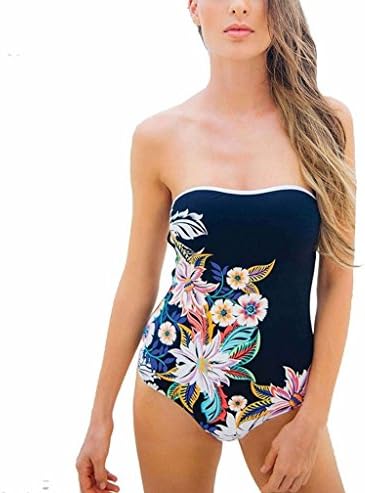 ASWER Women's Floral Print Strapless Bandeau Back One Piece Bikini Monokini Swimsuit Swimwear Beachwear Bathing Suit L