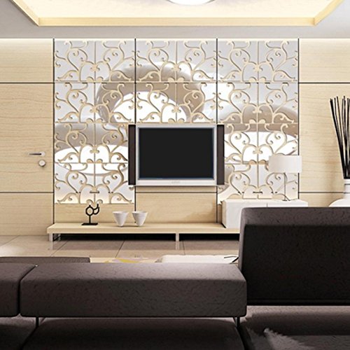 Demiawaking DIY 28Pcs 3D Spiegel Aufkleber Acryl Wandsticker fuer Haus Dekor (Silber) - 7