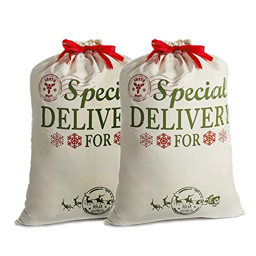 2 Pack Sacos de Santa Personalizadas Navidad Regalo Bolsas Arpillera con Cordón Rojo, Extra Grande Decoraciones de Adornos y Festivos para Fiestas Infantiles para niños Chica Chico (26.8'' X 19.7'')