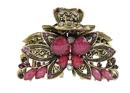 Beautiful Ladies Vintage Gold Tone Chunky Metal Hair Claw Clamp Butterfly Plum Pink