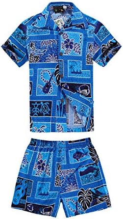Boy Hawaiian Shirt and Shorts 2 Piece Cabana Set in Blue Classic Style with Ukulele -  Blue - 