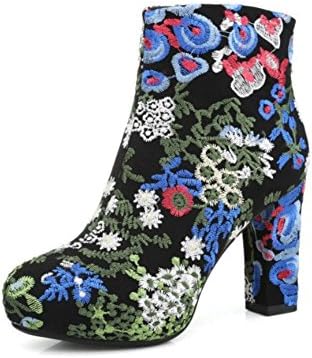 KUKIE Best 4U? Women's Shoes Suede Microfiber Winter Fall Boots Rubber Sole Round Toe Chunky Heel Martin Boots Embroidery Flower, Blue, 39