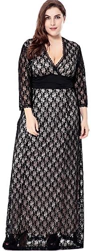 ONECHANCE Women 3/4 Sleeve Sexy V Neck Lace Maxi Dress Evening Party Gowns Color Beige Size 50/22