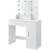 Kaptafel Met LED-verlichting Verstelbare Helderheid Spiegel, Make Up Tafel Met 2 Laden, Kruk En Open Planken Kruk, Voor Slaapkamer Meisje Vrouwen
