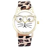 Juliyues Uhren Frauen,Damen Nette Gläser Katze Analog Quarz Armbanuhr mit Lederarmband Uhren Geschäftsuhr Armbanduhren