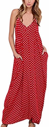 SALICO Women's V-neck Polka Dot Long Maxi Dress Boho Casual Cocktail Beachwear Dresses with Pocket (Tag size 5XL/ UK 24, Red)