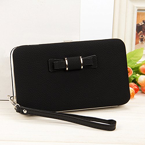 Damen Leder GeldbÃ¶rse GroÃŸ, Aeeque Lang Modisch Bowknot Stil Lady MÃ¤dchen Handyfach PU Kunstleder Phone Case HÃ¼lle Clutch Tasche Brieftasche KartenfÃ¤cher Tragbar Armband Purse Portemonnaie Portmonee LedergeldbÃ¶rse Geldbeutel fÃ¼r Samsung iPhone Huawei Wiko LG - Schwarz