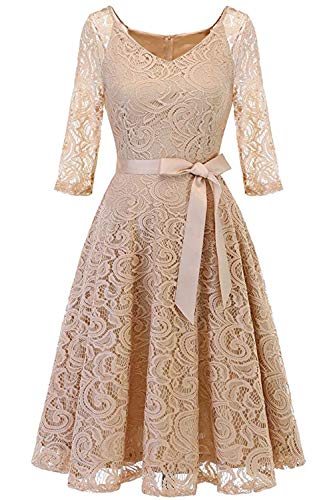 MisShow Robe de Soirée Demoiselle d'honneur Courte Chic Elégante en Dentelle Robe Femme Vintage Imprimée Rockabilly Beige S